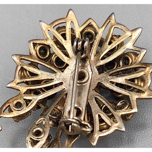 Vintage Lapel Brooch Pin Triple Layer Blue Rhinestone Crystal Flower Gold Tone - Picture 4 of 6